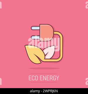 Eco energy icon in comic style. Leaf plug cartoon vector illustration on isolated background. Electrician splash effect sign business concept. Stock Vector
