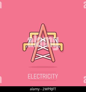 Electric tower icon in comic style. Power station cartoon vector illustration on isolated background. High voltage splash effect sign business concept Stock Vector