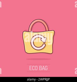 Eco bag icon in comic style. Ecobag cartoon vector illustration on isolated background. Reusable shopper splash effect sign business concept. Stock Vector