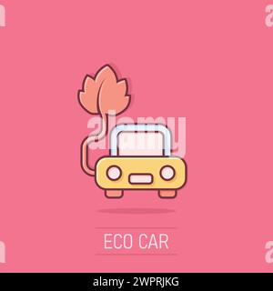 Eco car icon in comic style. Leaf and auto cartoon vector illustration on isolated background. Bio charging splash effect sign business concept. Stock Vector