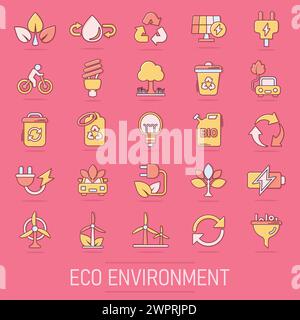 Eco environment icons set in comic style. Ecology cartoon vector illustration on isolated background. Bio emblem splash effect sign business concept. Stock Vector