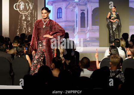 Colombo, Sri Lanka. 08th Mar, 2024. A model is presenting a creation by Sri Lankan fashion designer Aslam Hussein during Colombo Fashion Week in Colombo, Sri Lanka, on March 8, 2024. (Photo by Akila Jayawardena/NurPhoto) Credit: NurPhoto SRL/Alamy Live News Stock Photo