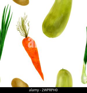Vegetable seamless pattern in watercolor, hand drawn. Carrots, onions, zucchini, potatoes. For kitchen textiles, wallpaper, menu, packaging design Stock Photo