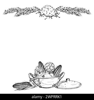 Hand drawn ink vector illustration, cooking pot ceramics vegetable stew maize corn quinoa, south american cuisine Square frame isolated on white Stock Vector