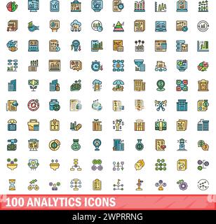100 analytics icons set. Color line set of analytics vector icons thin line color flat on white Stock Vector