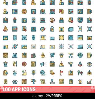 100 app icons set. Color line set of app vector icons thin line color flat on white Stock Vector