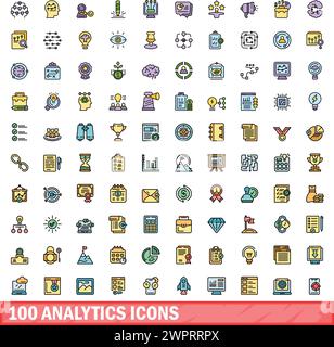 100 analytics icons set. Color line set of analytics vector icons thin line color flat on white Stock Vector
