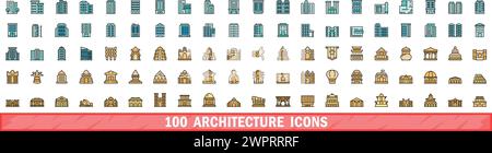 100 architecture icons set. Color line set of architecture vector icons thin line color flat on white Stock Vector