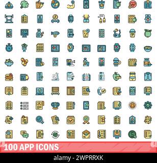 100 app icons set. Color line set of app vector icons thin line color flat on white Stock Vector