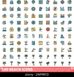 100 beach icons set. Color line set of beach vector icons thin line color flat on white Stock Vector