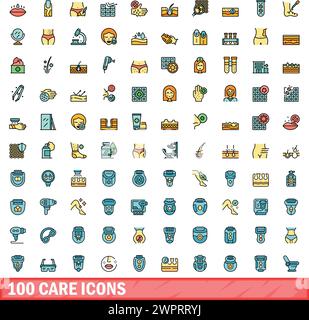 100 care icons set. Color line set of care vector icons thin line color flat on white Stock Vector