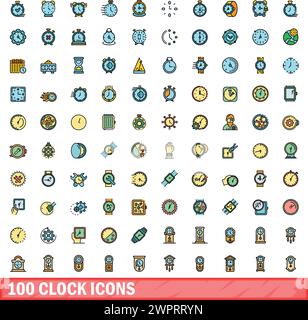 100 clock icons set. Color line set of clock vector icons thin line color flat on white Stock Vector