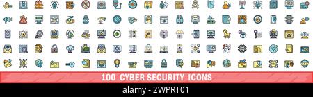 100 cyber security icons set. Color line set of cyber security vector icons thin line color flat on white Stock Vector