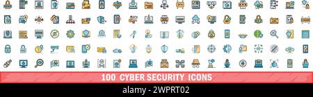 100 cyber security icons set. Color line set of cyber security vector icons thin line color flat on white Stock Vector