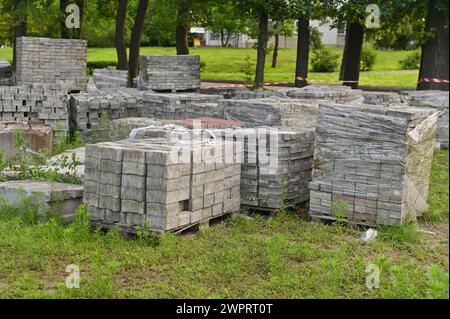 Gray bricks are stacked in cubes on pallets. Stock Photo