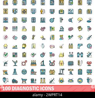 100 diagnostic icons set. Color line set of diagnostic vector icons thin line color flat on white Stock Vector
