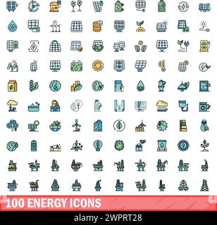100 energy icons set. Color line set of energy vector icons thin line color flat on white Stock Vector