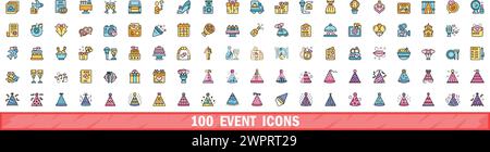 100 event icons set. Color line set of event vector icons thin line color flat on white Stock Vector