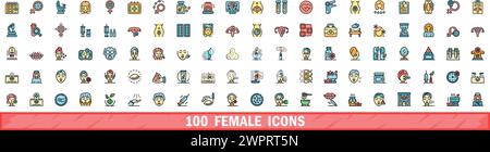 100 female icons set. Color line set of female vector icons thin line color flat on white Stock Vector
