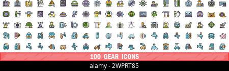 100 gear icons set. Color line set of gear vector icons thin line color flat on white Stock Vector
