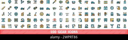 100 gear icons set. Color line set of gear vector icons thin line color flat on white Stock Vector