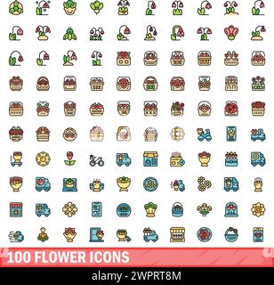 100 flower icons set. Color line set of flower vector icons thin line color flat on white Stock Vector