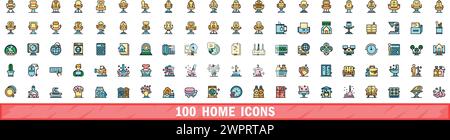 100 home icons set. Color line set of home vector icons thin line color flat on white Stock Vector