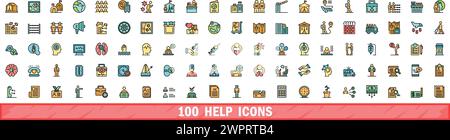 100 help icons set. Color line set of help vector icons thin line color flat on white Stock Vector