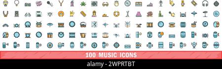 100 music icons set. Color line set of music vector icons thin line color flat on white Stock Vector