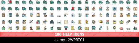 100 help icons set. Color line set of help vector icons thin line color flat on white Stock Vector