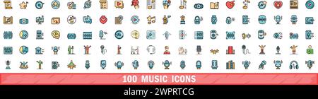 100 music icons set. Color line set of music vector icons thin line color flat on white Stock Vector