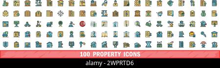 100 property icons set. Color line set of property vector icons thin line color flat on white Stock Vector