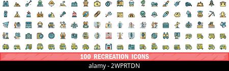 100 recreation icons set. Color line set of recreation vector icons thin line color flat on white Stock Vector