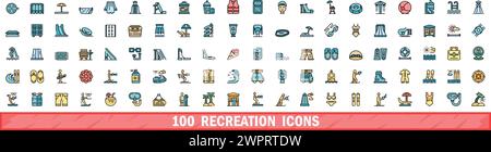 100 recreation icons set. Color line set of recreation vector icons thin line color flat on white Stock Vector