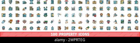100 property icons set. Color line set of property vector icons thin line color flat on white Stock Vector