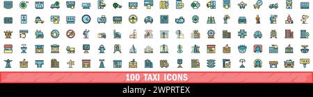 100 taxi icons set. Color line set of taxi vector icons thin line color flat on white Stock Vector