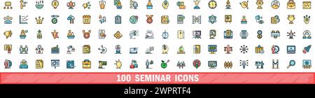100 seminar icons set. Color line set of seminar vector icons thin line color flat on white Stock Vector