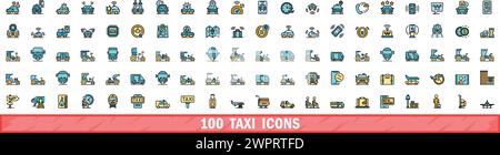 100 taxi icons set. Color line set of taxi vector icons thin line color flat on white Stock Vector