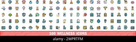 100 wellness icons set. Color line set of wellness vector icons thin line color flat on white Stock Vector