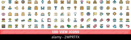 100 view icons set. Color line set of view vector icons thin line color flat on white Stock Vector