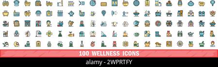 100 wellness icons set. Color line set of wellness vector icons thin line color flat on white Stock Vector
