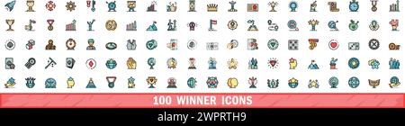 100 winner icons set. Color line set of winner vector icons thin line color flat on white Stock Vector