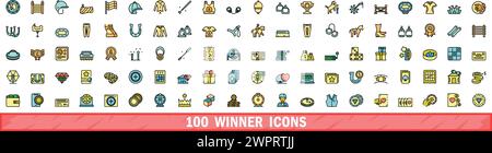 100 winner icons set. Color line set of winner vector icons thin line color flat on white Stock Vector