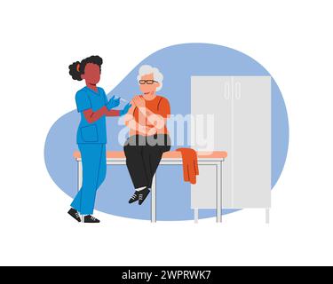 Nurse vaccinates an elderly woman using a syringe in a hospital. Vector illustration in flat style for health care and medicine design. Stock Vector
