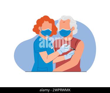 nurse vaccinating old woman in face mask, vector illustration design for health care and medical concept Stock Vector