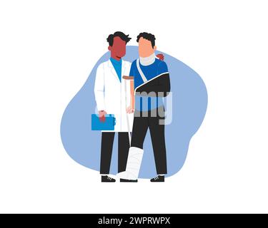 A medical person in white help an Injured man with broken arm. Vector illustration in flat style. Stock Vector