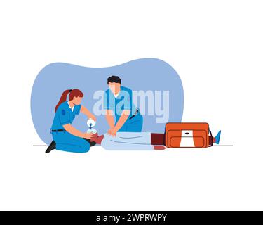 A couple of medical professional workers with supplies helping a patient with emergency condition. vector illustration design vector illustration desi Stock Vector