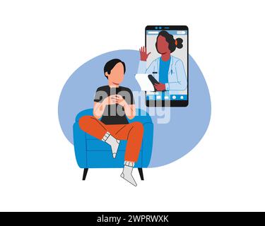 Online medical consultation concept. Young woman sitting in armchair and using smartphone calling a doctor. Vector illustration in flat style Stock Vector