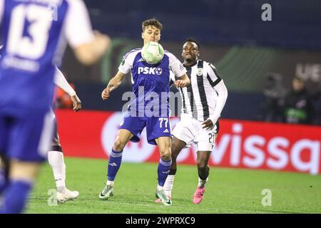 Zagreb, Croatia. 7th Mar, 2024. Dinamo Zagreb's Dario Spikic (Center) in action during a Conference League Knock Out game (Phase 16) between Dinamo Zagreb and PAOK FC. Dinamo Zagreb won 2-0. (Credit Image: © Giannis Papanikos/ZUMA Press Wire) EDITORIAL USAGE ONLY! Not for Commercial USAGE! Stock Photo