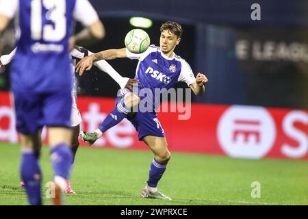 Zagreb, Croatia. 7th Mar, 2024. Dinamo Zagreb's Dario Spikic in action during a Conference League Knock Out game (Phase 16) between Dinamo Zagreb and PAOK FC. Dinamo Zagreb won 2-0. (Credit Image: © Giannis Papanikos/ZUMA Press Wire) EDITORIAL USAGE ONLY! Not for Commercial USAGE! Stock Photo